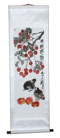 Chinese Watercolor Scroll of Birds and Fruit
