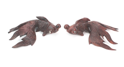 Pair of Carved Wood Goldfish Figures