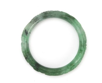 Carved Dragon Green Jadeite Bangle Bracelet