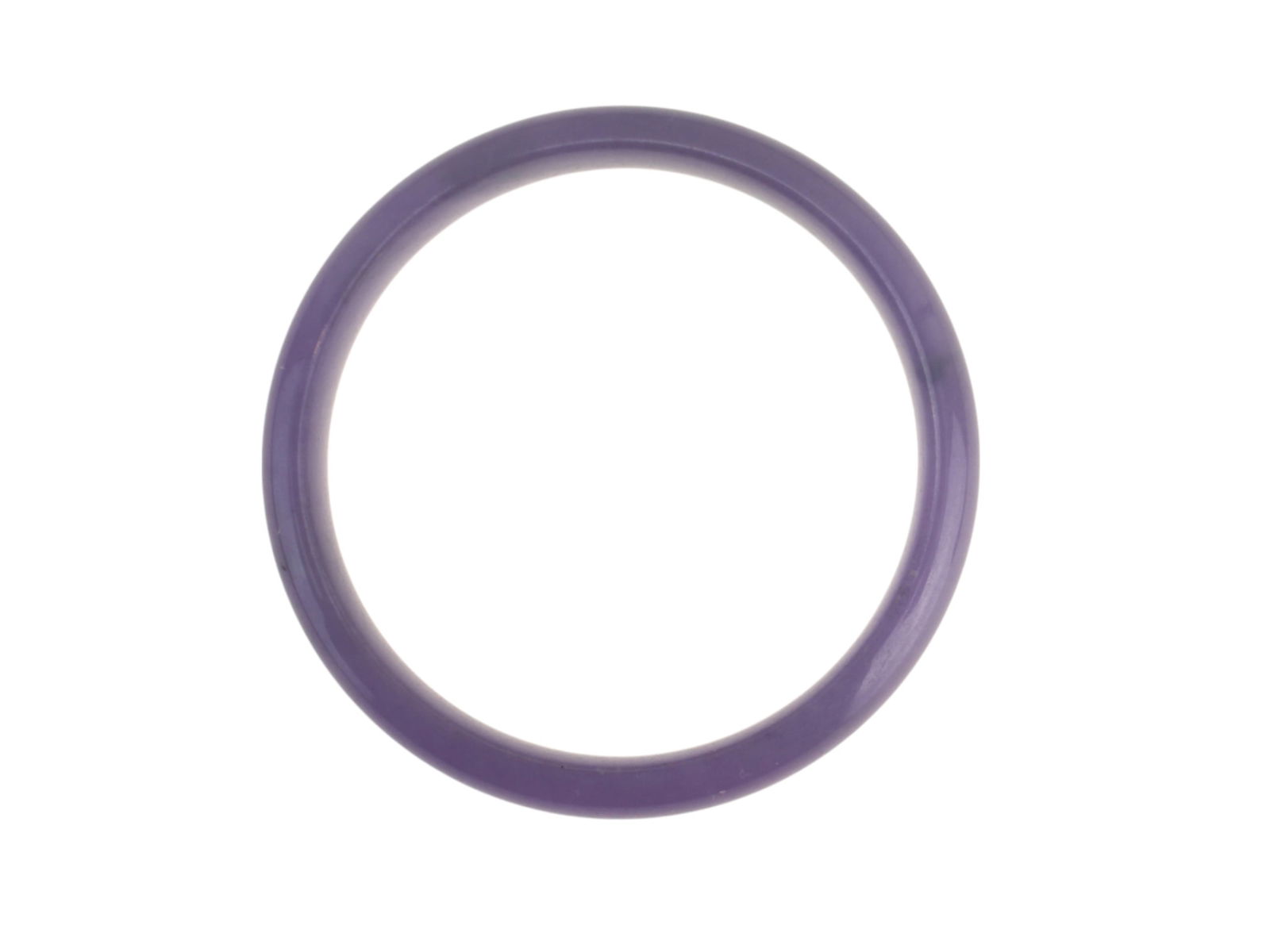 A Lavender Purple Jadeite Bangle: An elegant lavender jadeite bangle with subtle marbling and lustrous polish. In excellent condition with minimal natural inclusions. Measures approx. 72 mm (outer) and 59 mm (inner) in diameter.
