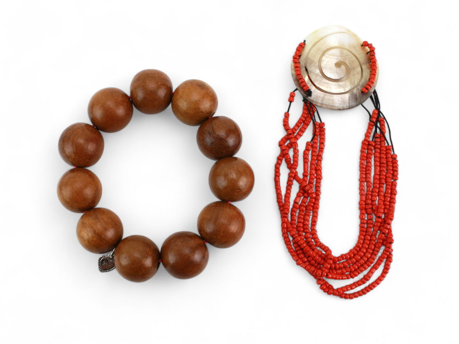 Wood and Coral Bead Bracelets with Shell Pendant (1 of 5)