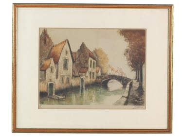 Canal Scene Lithograph Signed