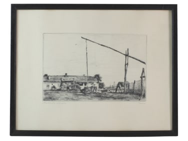 Signed Etching of A Rustic Courtyard