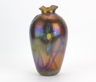 Signed Studio Art Glass Vase w/ Iridescent Floral