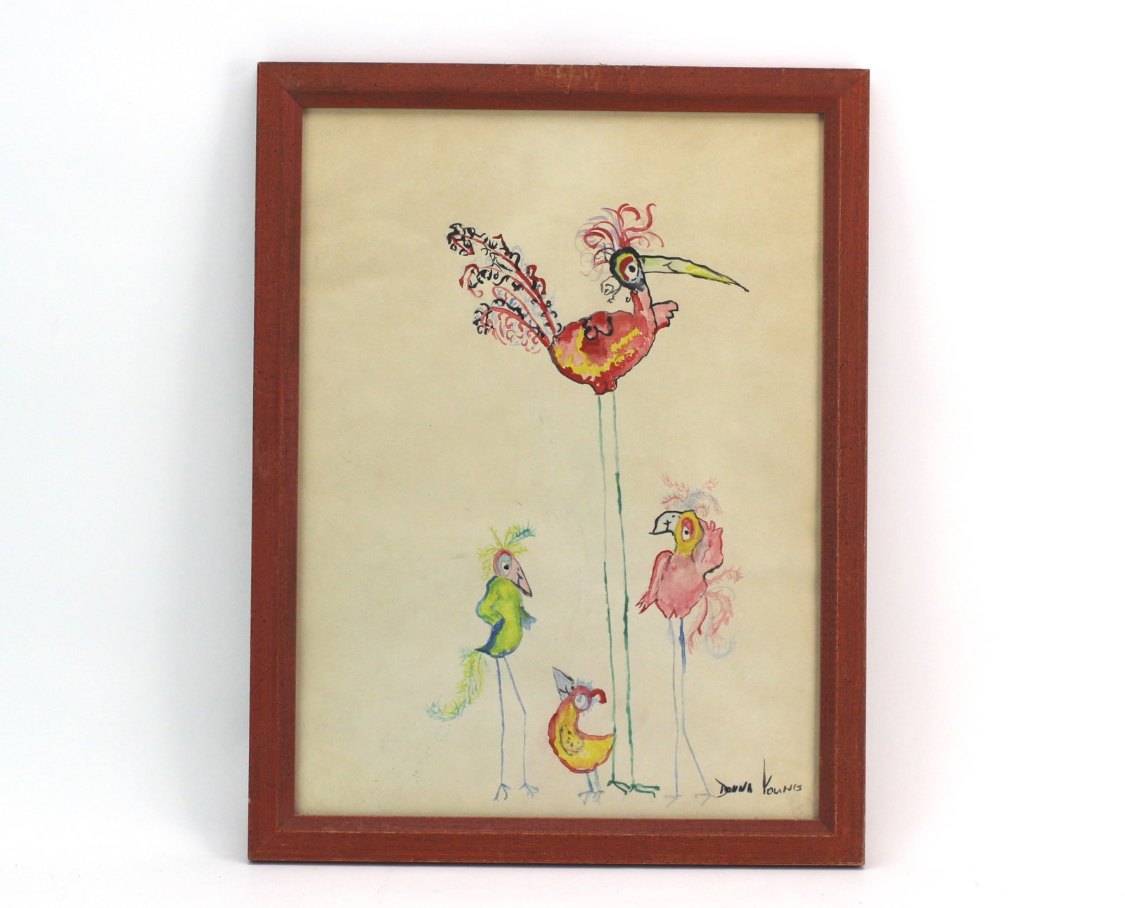 Colorful Fanciful Birds by Donna Young: Whimsical watercolor and ink illustration by Donna Young depicting five colorful birds, signed lower right. Framed by “The Gallery,” Rockford, Illinois for Betty Beer, dated 7/13/71. Frame app