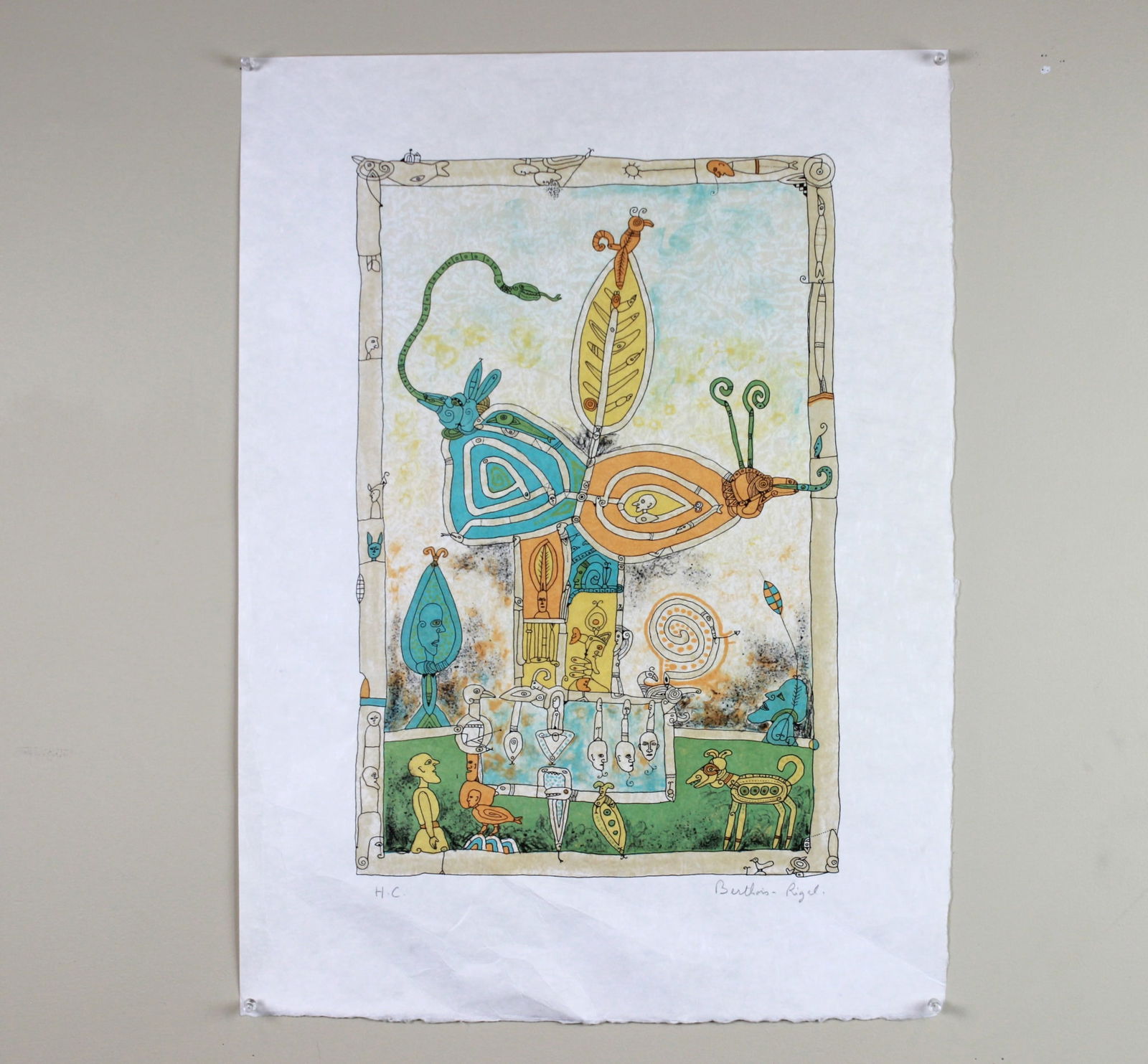 Bernard Berthois-Rigal, Signed Original Etching: Hand-signed etching titled “Mystical World II” by Bernard Berthois-Rigal (French, b. 1927), featuring a whimsical creature amid surreal figures and decorative motifs in a vibrant, imaginative