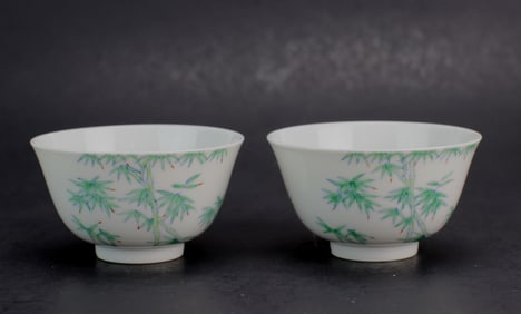 Pair of Chinese Doucai Porcelain Bamboo Teacups