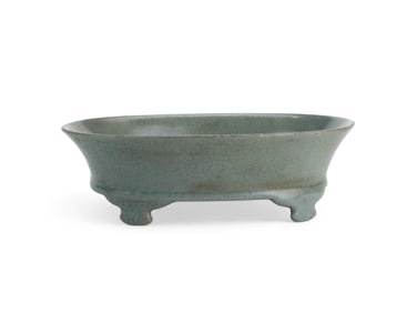 Oval Chinese Celadon Bowl with Gilt Poem Mark