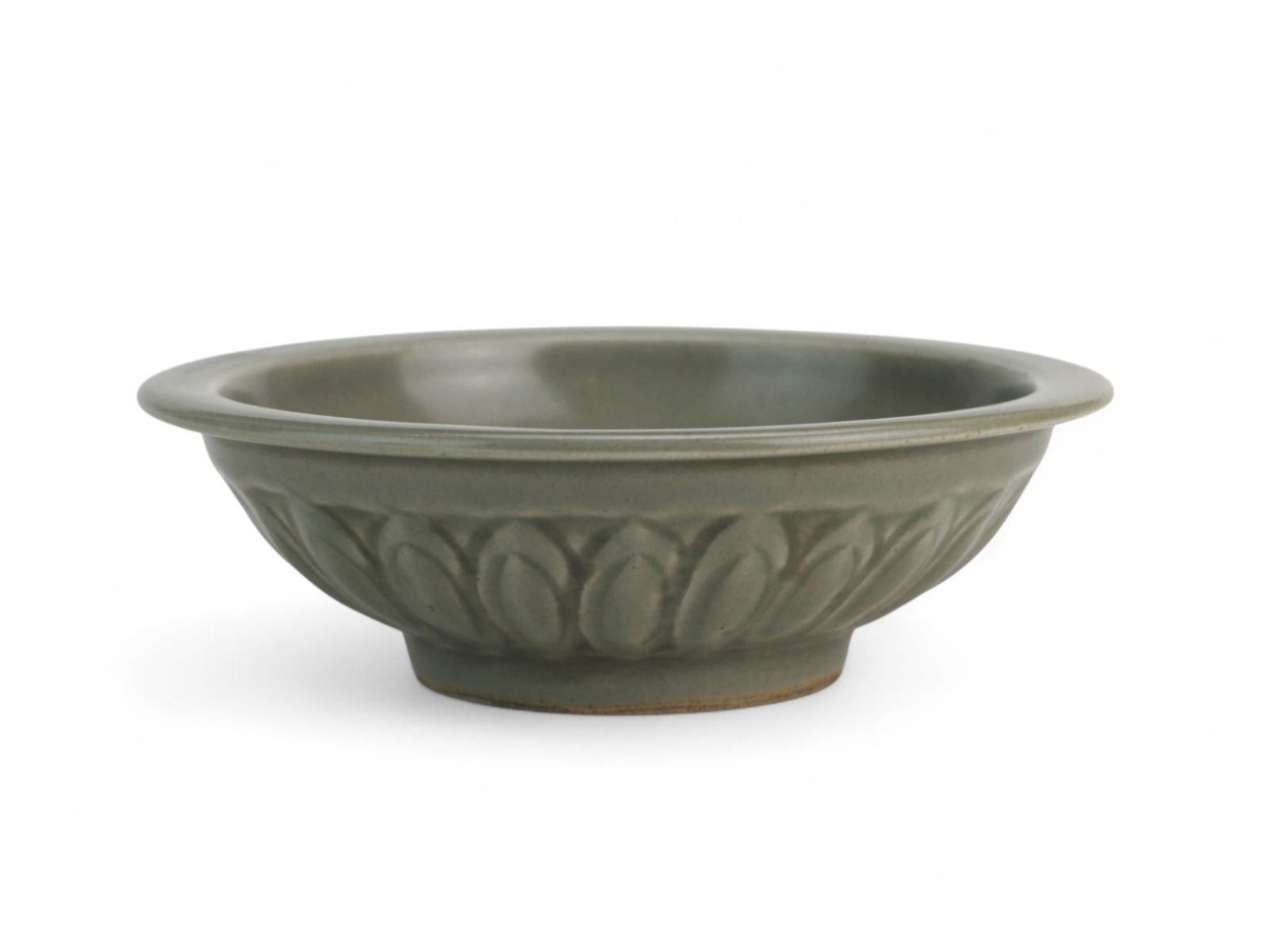 Chinese Celadon Bowl with Double Fish Design: Chinese celadon-glazed porcelain bowl with molded lotus petal decoration around the exterior and two raised fish inside the center. Finished in a soft green glaze typical of celadon ware. Measures app