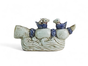 Porcelain Bird-Form Vessel with Wave Base