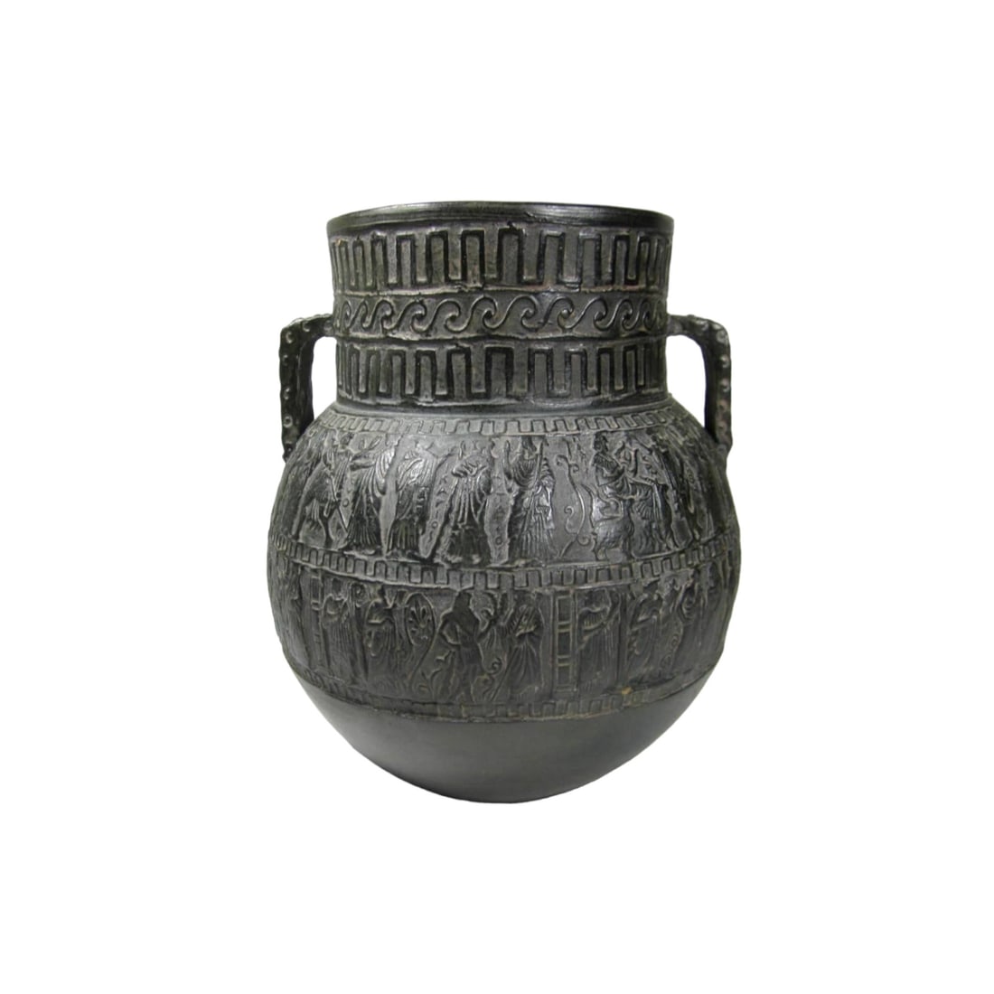 Greek Style Black Pottery Vessel with Figures: Greek style black pottery vessel with relief figures and twin handles, showing minor wear and light age patina. Approx. 8 in. (H) X 7 in. (D).