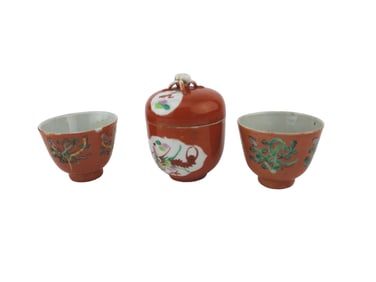 Chinese Iron Red Porcelain Tea Set, 3 Pcs