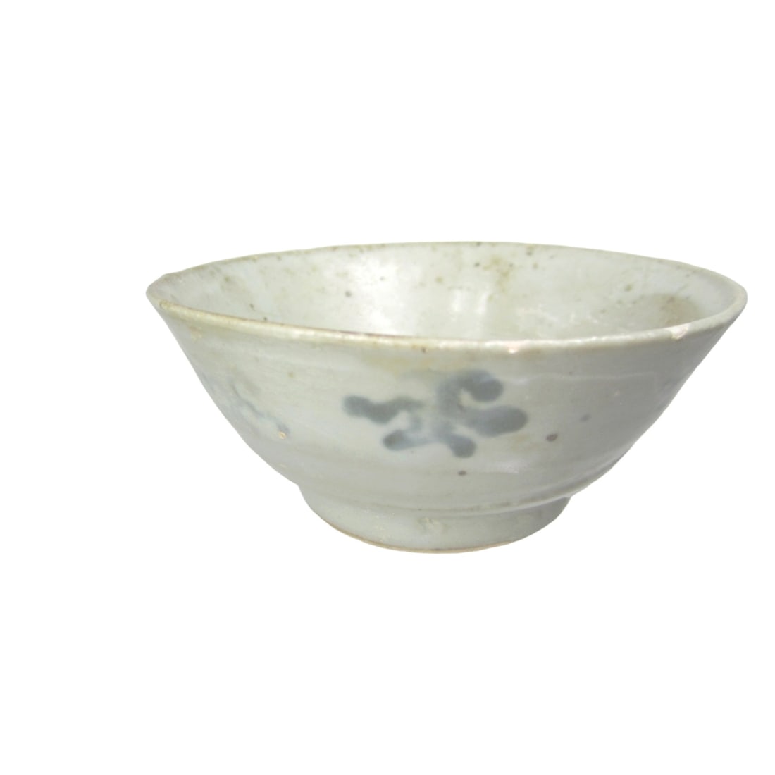 Antique Chinese Blue/White Bowl: Small Chinese bluish-grey glazed bowl with underglaze cobalt floral design, rounded body, and recessed foot bearing red wax seal. Shows age wear, encrustations, and kiln flaws. Possibly Yuan–early M