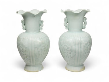Pair of Chinese Celadon Glazed Relief Vases