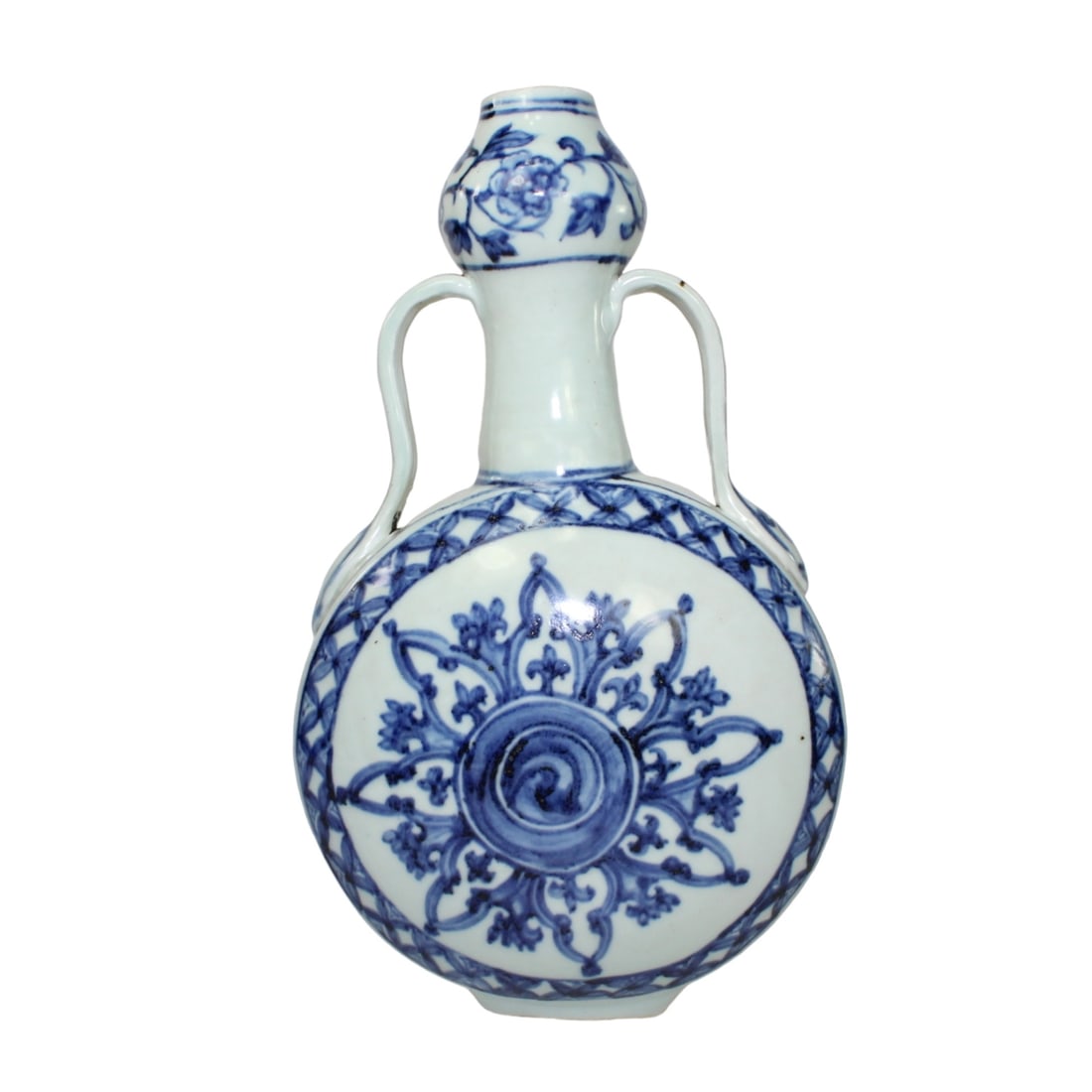 Chinese B/W Moon Flask with Scroll Motif: Chinese blue and white porcelain moon flask with double handles and bulb neck, decorated with scrolling floral motifs and central medallions. Unglazed base with firing marks. Approx. 10 1/2 in. (H).