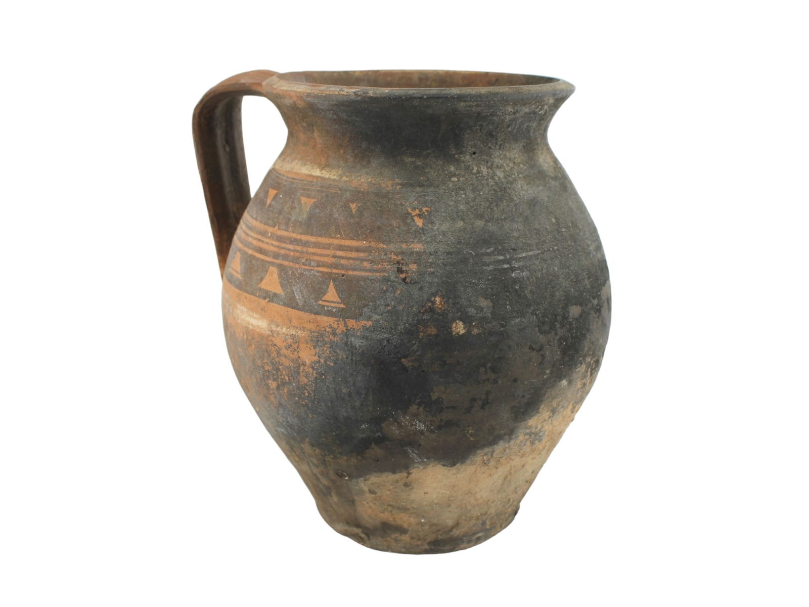 Antique Chinese Earthware Water Pitcher: Ancient Chinese clay pitcher with a single handle, flared rim, and geometric band motifs on the shoulder. Blackened patina with red-brown tones, surface wear, and encrustation. Approx. 8 in. (H) x 7 i
