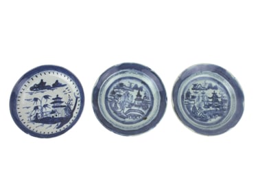 Three Canton Blue And White Saucers