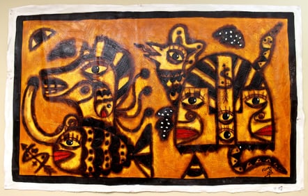 Abstract O/C of Tribal Scene with Red Lips