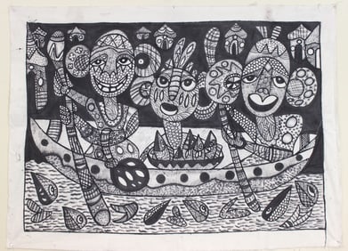 A Black Ink Painting on Cloth - Canoe Journey