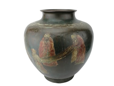 Chinese Patinated Brass Urn with Scholars Motif