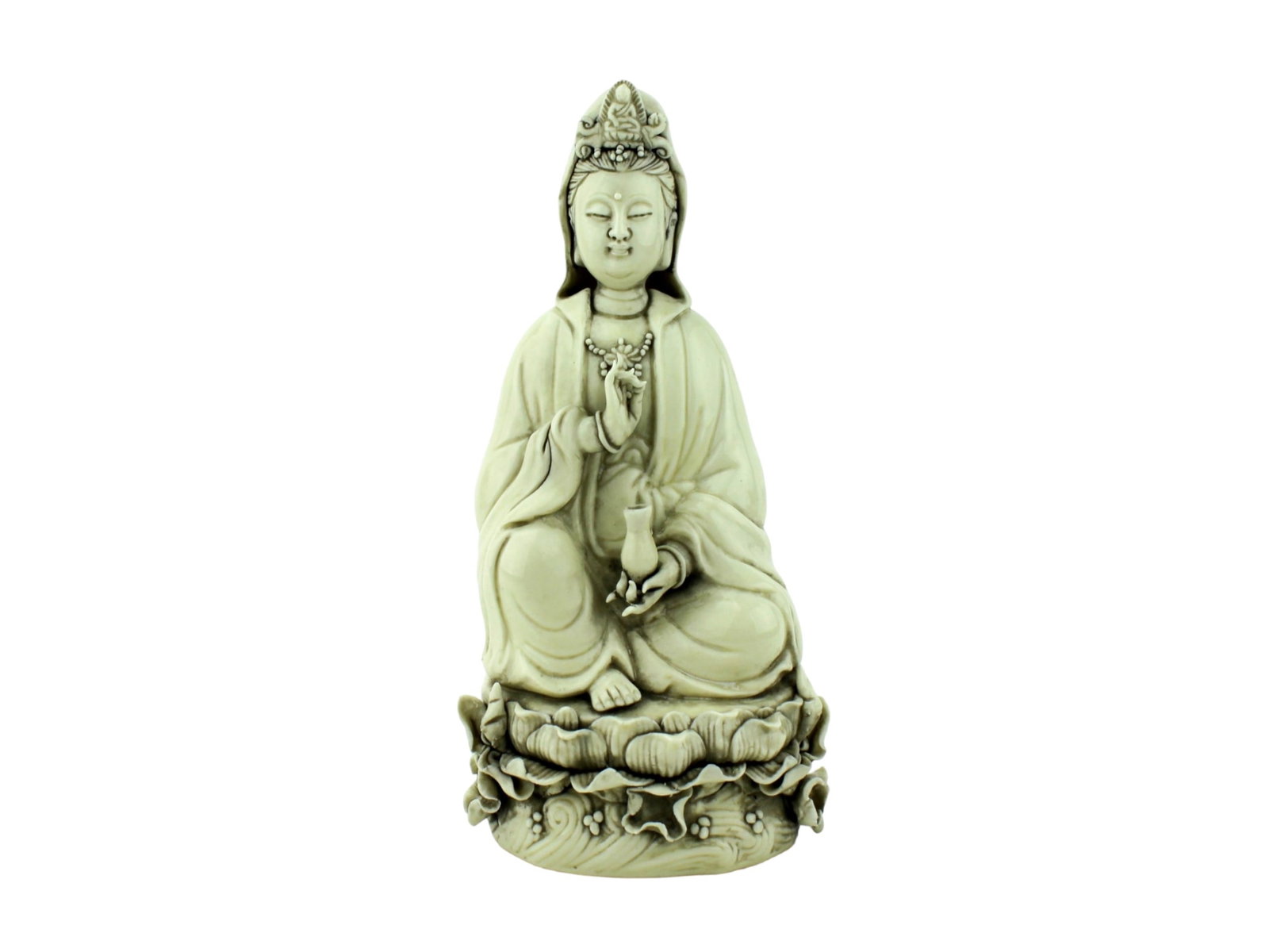 Chinese Blanc-de-Chine Guanyin Porcelain Statue: Blanc-de-Chine porcelain statue of Guanyin seated on a lotus base, holding a vase and making a mudra gesture. Features fine detailing in robes and headdress with impressed maker’s marks on the back.