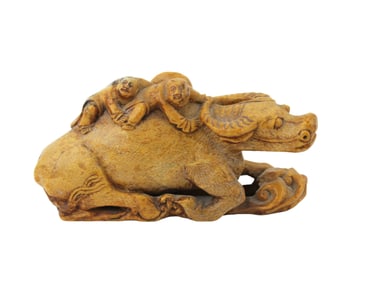 Soapstone Carving of Boys on Water Buffalo