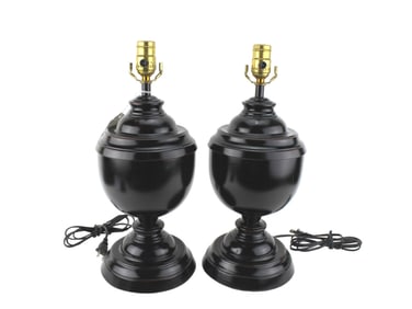 Pair of Black Enamel Urn-Form Table Lamps
