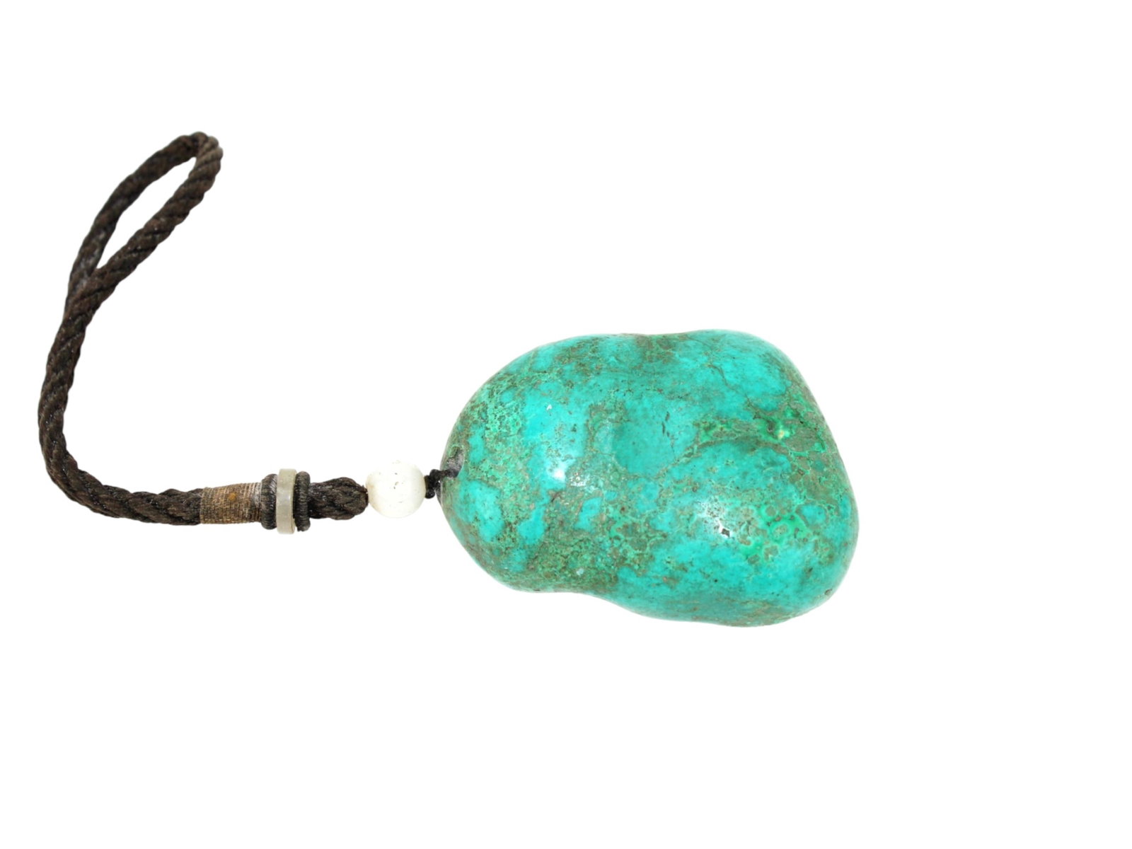 Large Turquoise Pendant with Cord: Natural turquoise pendant with braided cord and bead accents, showing blue-green tones, natural veining, and light age wear. Approx. 3 X 2 1/4 X 1 1/2 in.