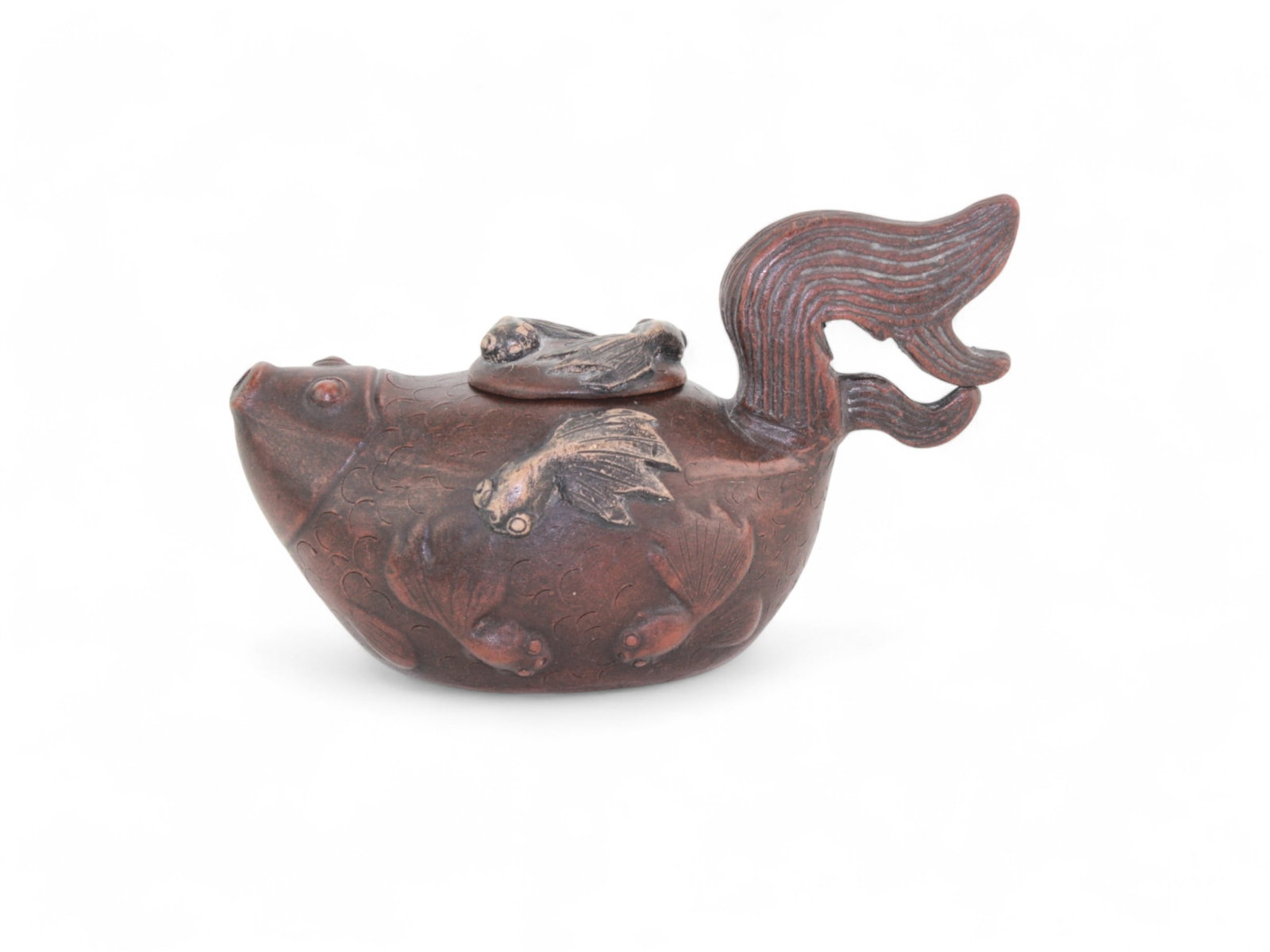 A Chinese Yixing Zisha Teapot - Bian Rui-Ping: In fish shape. Dimensions: 3 1/2 X 3 X 6 in.. Volume: 230 cc. Signed Bian Rui-Ping.