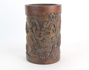 Carved Bamboo Brush Pot with Landscape Scene