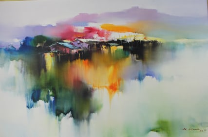 HONG LEUNG, "VILLAGE BY RIVER AT DUSK", O/C