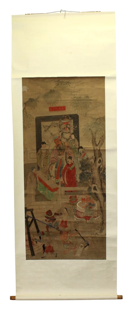 Antique Chinese Mythical Figures Rice Paper Scroll: Antique Chinese watercolor on rice paper depicting a dramatic mythological court and underworld scene with figures and demons in a narrative composition. Painting size: 22.5 X 50 1/2 in.; overall