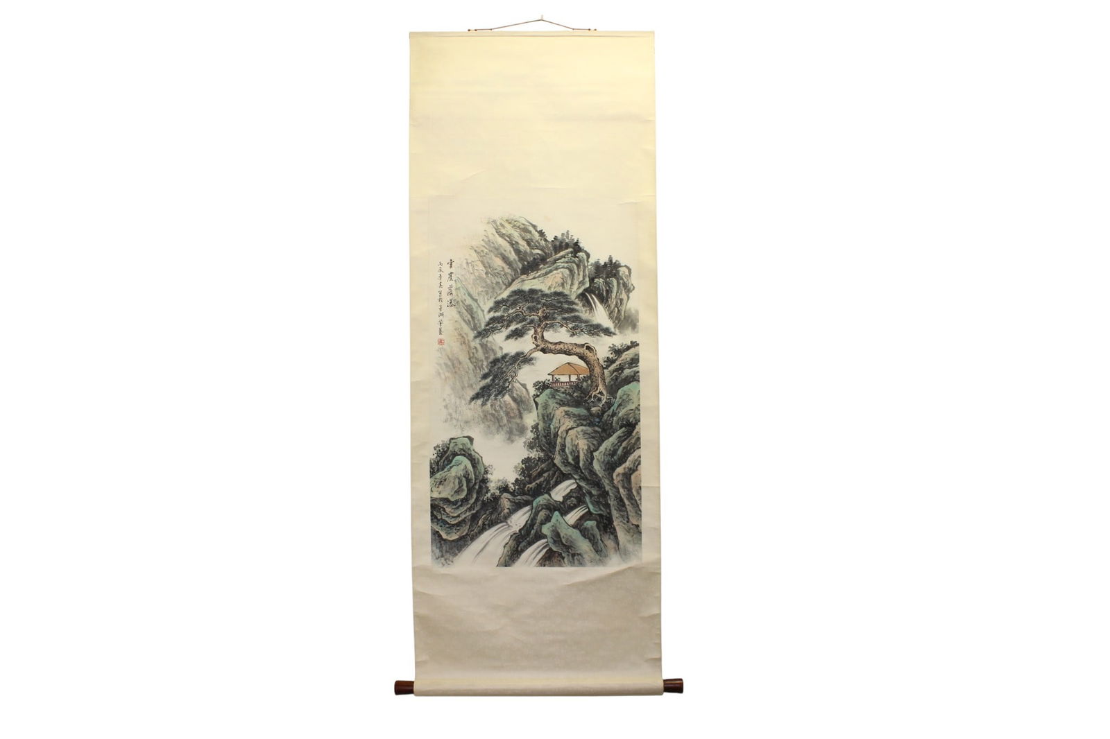 Chinese Landscape Watercolor Scroll: Mountain landscape with pine, pavilion, and waterfalls. Painting: 18 × 32 in.; scroll: 22 × 59 in. Condition shows toning, light stains, creases, and mounting wear.