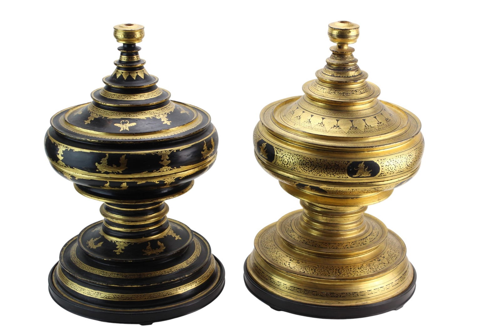 Pair Burmese Gilt Lacquer Offering Vessels: Pair of Burmese gilt lacquer offering vessels with traditional decoration; each 13 in. (D) × 20 in. (H). With minor wear, gilt loss, one top handle lose.
