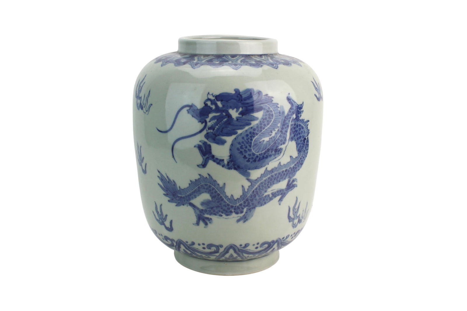 Chinese Blue & White Dragon Porcelain Jar: Blue-and-white porcelain jar decorated with dragon motifs and decorative borders. Size: 11 in. (H) × 9 1/2 in. (D). Overall good condition with light surface wear and minor firing or glaze