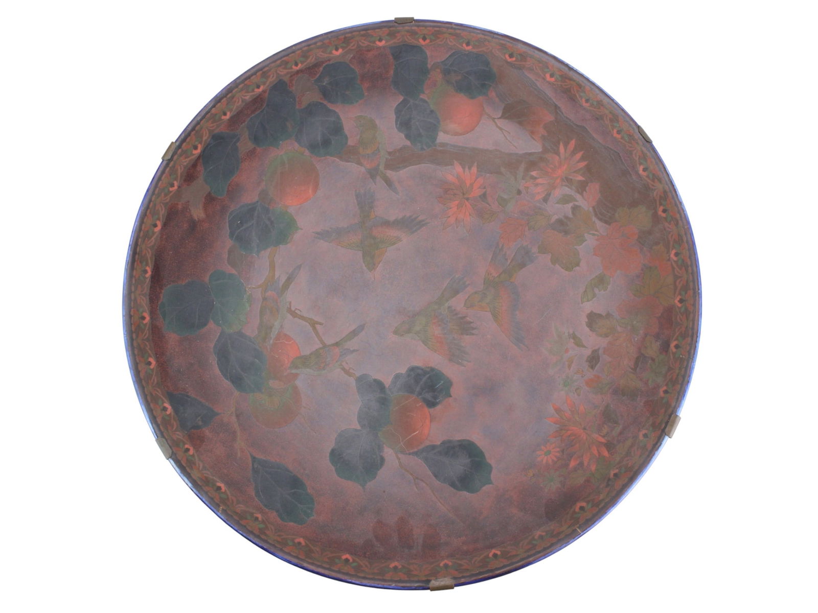 Chinese Porcelain Charger with Bird Design: Large hand-painted Chinese porcelain charger with birds and flowers, bordered by floral motifs and mounted with metal supports. Minor surface wear and small rim flakes. Size: 22 in. (D) X 3 in. (H).