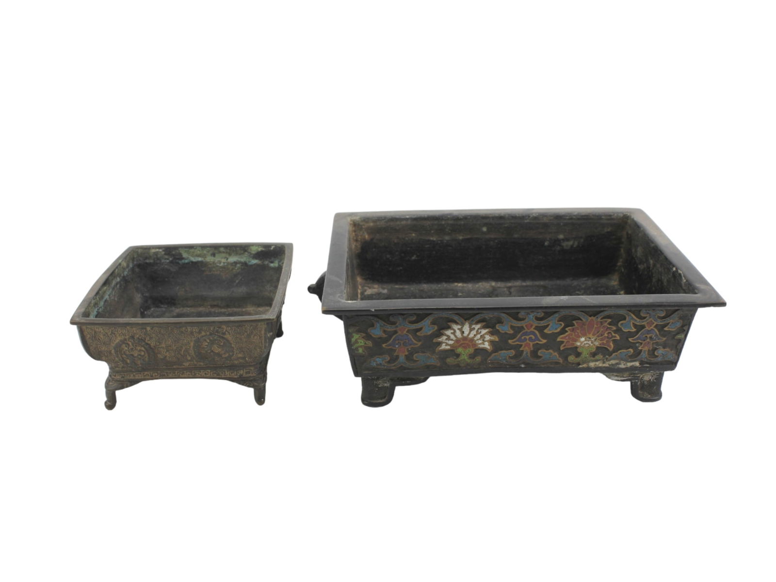 Two Japanese Square Bronze Hibachi Censers: Pair of Japanese square bronze hibachi censers, one larger with cloisonné floral motifs and marked "Made in Japan" on base (9 1/2 X 7 X 3 in.), the other smaller with incised geometric and mythical