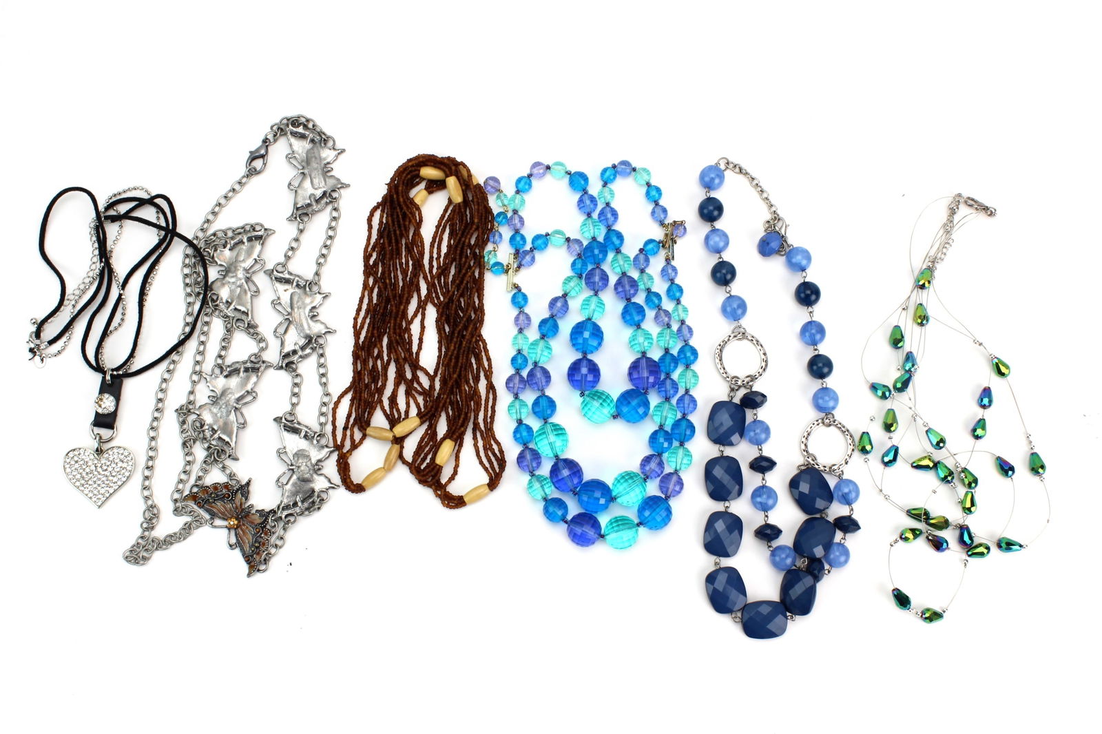 Group of Six Fashion Costume Necklaces: An assorted group of costume necklaces in mixed styles and materials, including beaded, chain, and pendant designs in various colors and finishes. Largest necklace measures approx. 58 in. (L).