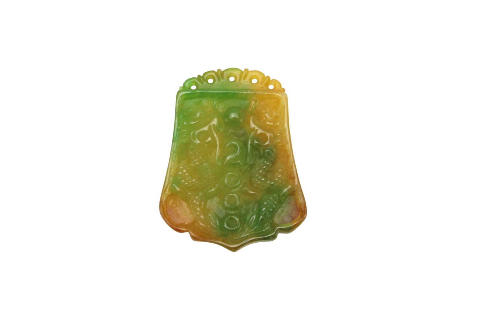 Carved Bi-Color Jadeite Pendant: Carved Bi-Color Jadeite Pendant. Green and yellow tones with relief carving and pierced top. Approx. 41 × 52 mm. Good condition with light wear.