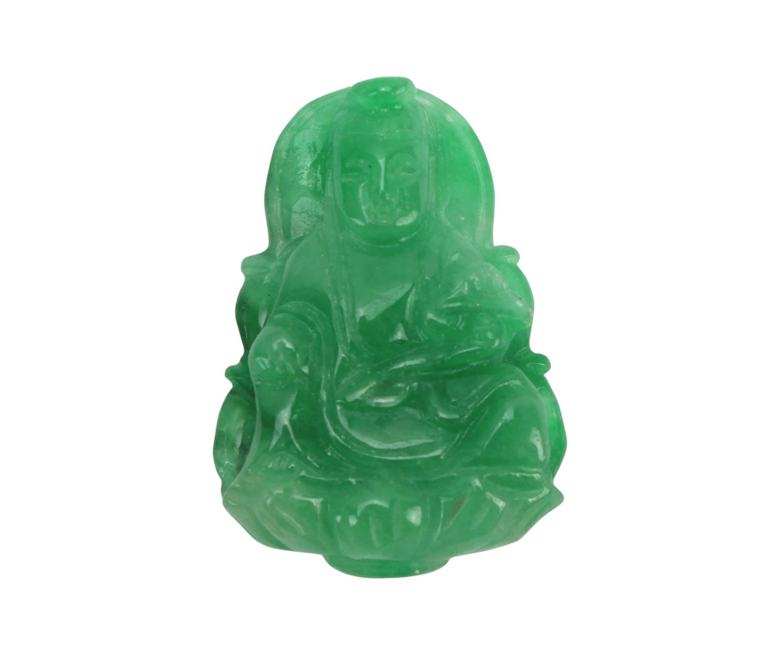 Carved Green Jadeite Buddha Pendant: A carved jadeite pendant depicting a seated Buddha, rendered in translucent green tones with polished surfaces and fine detailing. Measures approx. 43.9 mm (L). Condition is good overall, with light