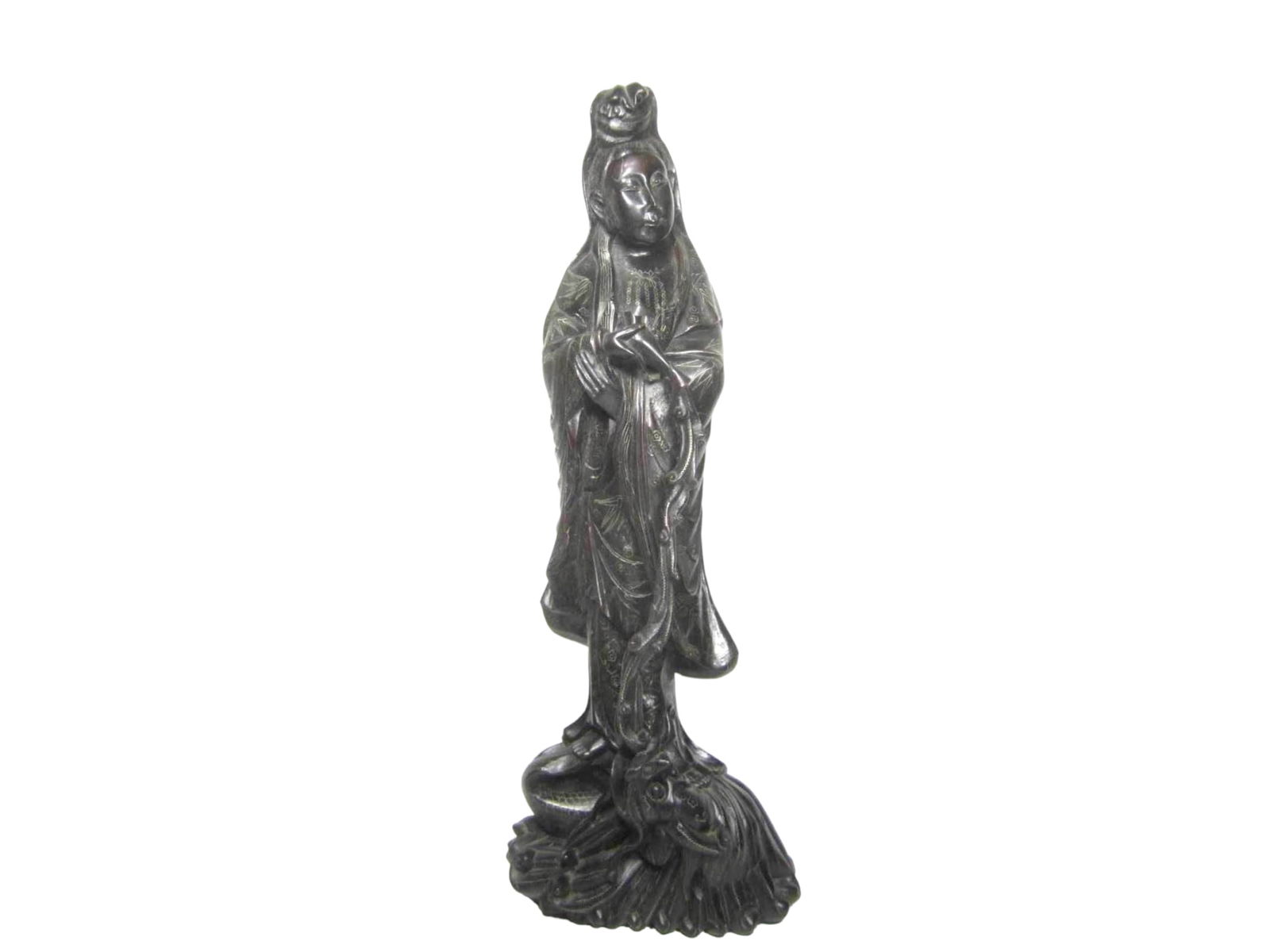 Large Chinese Carved Wood Filigree Guanyin: A finely carved wooden Guanyin statue standing 22 inches tall, featuring intricate filigree detailing on the robe and a dynamic base with a dragon motif.