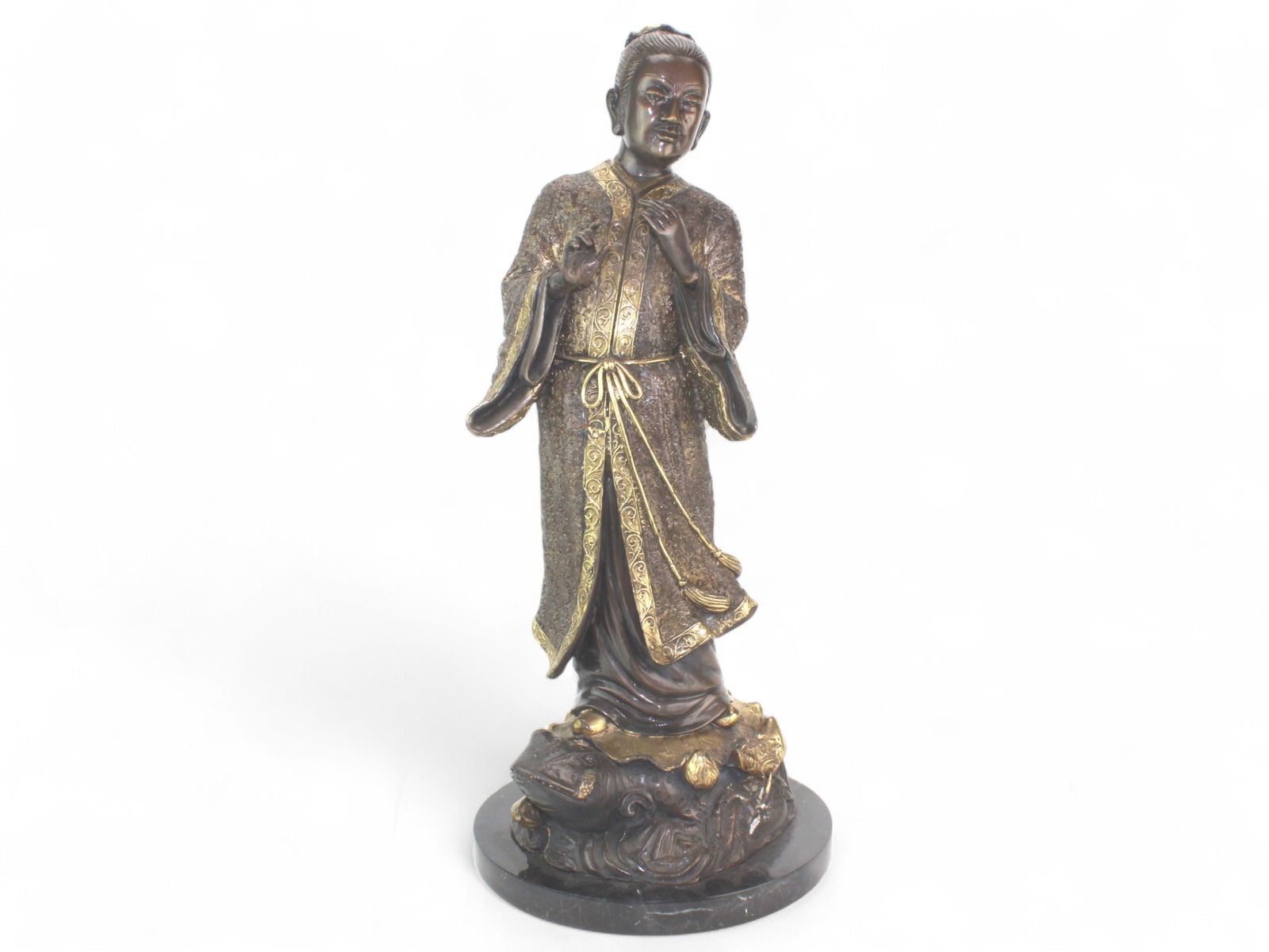 Chinese Gilt Bronze Figure on Frog Sculpture: A Chinese Patinated & Gilt Bronze Figure on Frog Sculpture, detailed, mounted on a black marble base. 18 in. tall. 17 lbs in weight.