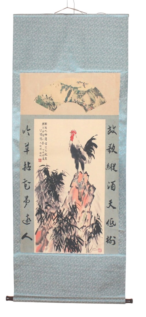 Chinese Scroll with Rooster & Calligraphy Print: This scroll features a watercolor-style print of a rooster standing atop a rock with bamboo foliage. It includes a fan-shaped landscape with peacocks, cranes, and mountains above, bordered by blue