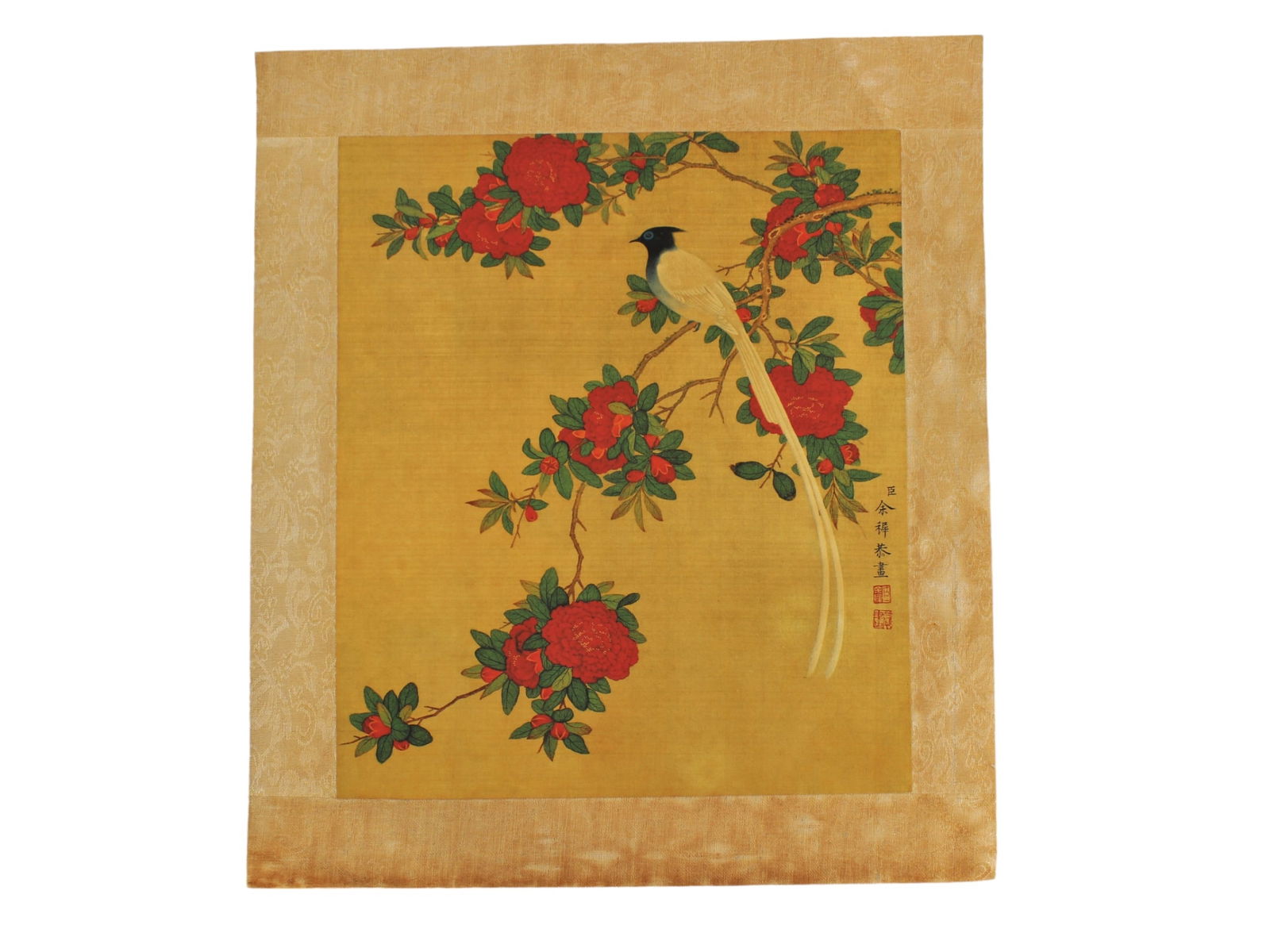 Bird on Branch with Blossoms – Chinese Silk Print: A Chinese silk print depicting a long-tailed bird perched on a flowering branch with vibrant red blossoms and green leaves, set against a golden-yellow background. It includes calligraphy and red