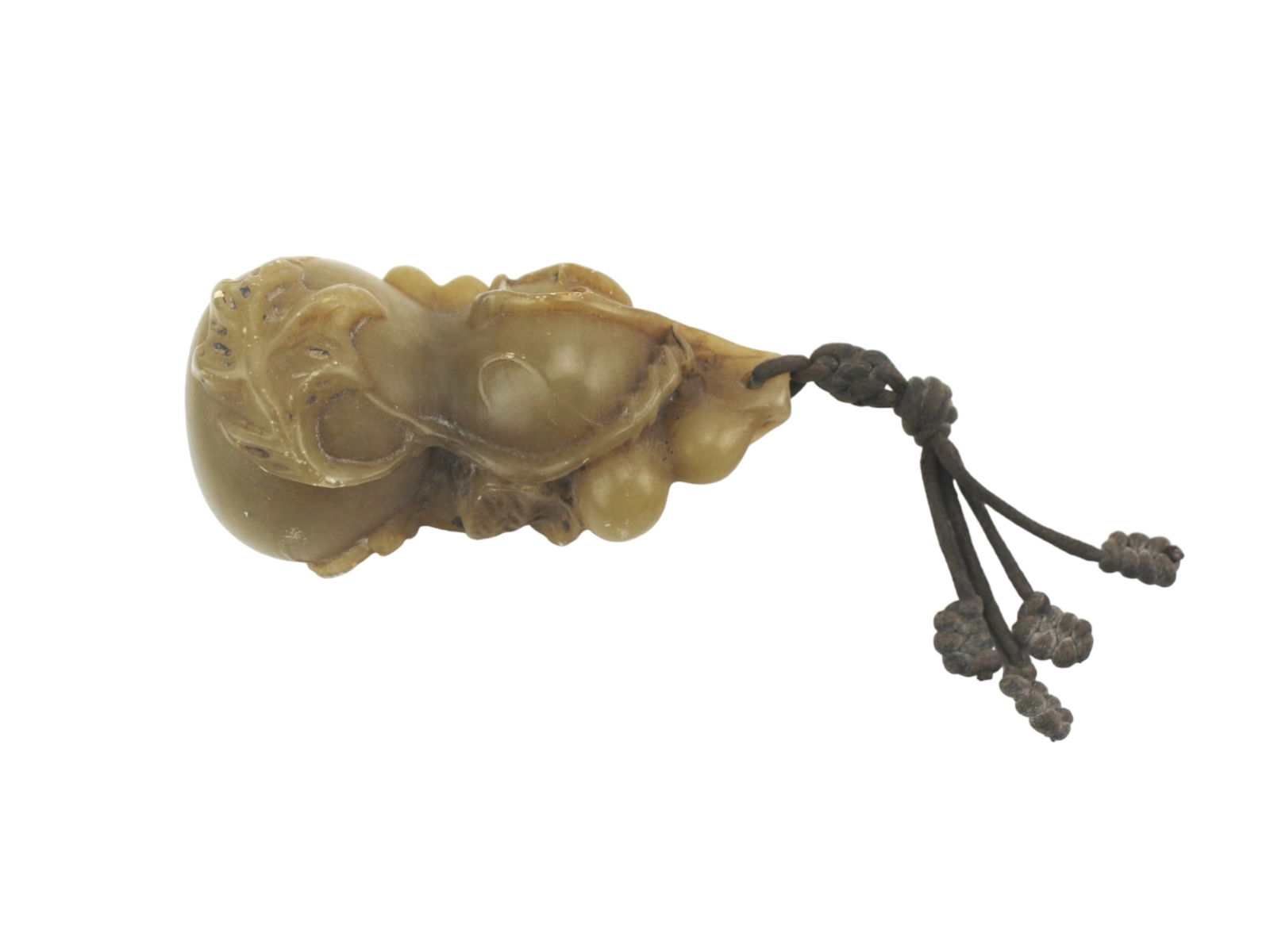 Carved Soapstone Gourd Pendant w/ Bat Design: A finely carved brown soapstone pendant in the shape of a double gourd, adorned with bat and vine motifs. Comes with a traditional knotted cord for wearing or display. It measures approximately 3 3/4