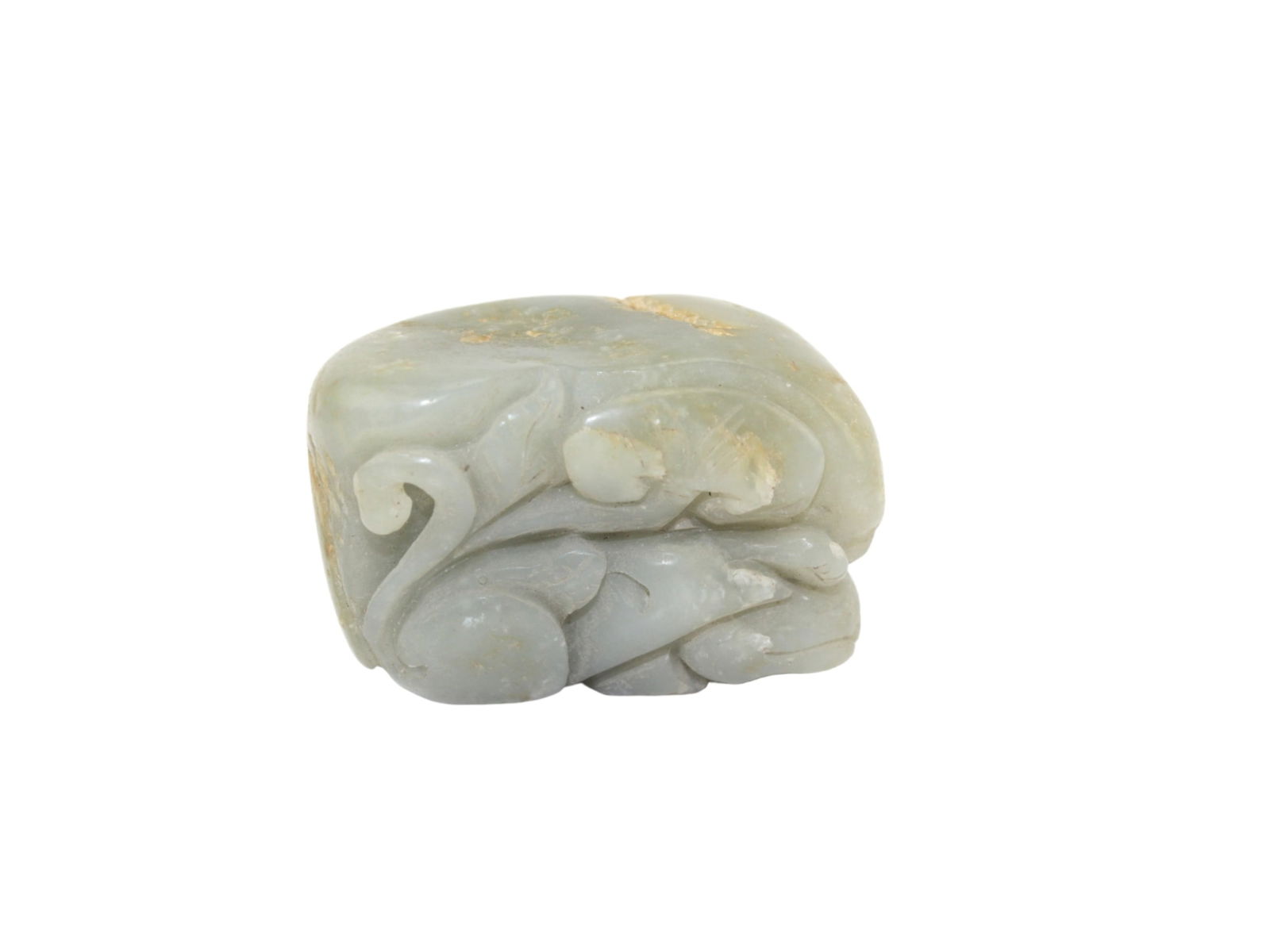 Grey Jade Carving of Twin Fish and Lotus: A finely carved green jade sculpture depicting two fish among lotus leaves. Approx. 2 inches in length.