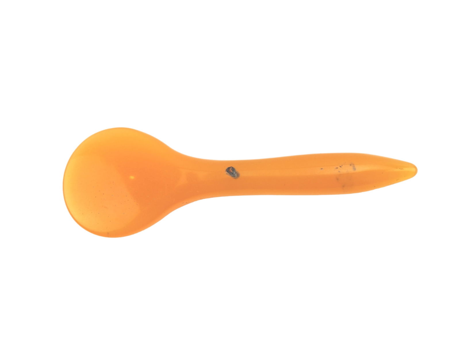 Vintage Amber Bakelite Spoon: Vintage amber-colored spoon likely made of Bakelite, featuring a smooth glossy surface, rounded bowl, tapered handle, and a small dark inclusion on the handle. Approximately 4 inches in length.
