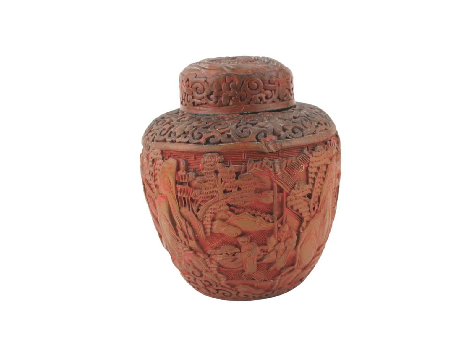 Chinese Cinnabar Lacquer Lidded Jar: Chinese cinnabar lacquer lidded jar featuring detailed carvings of figures, landscapes, and architecture. Decorated with scroll and floral motifs, marked "CHINA" on the base, and measures