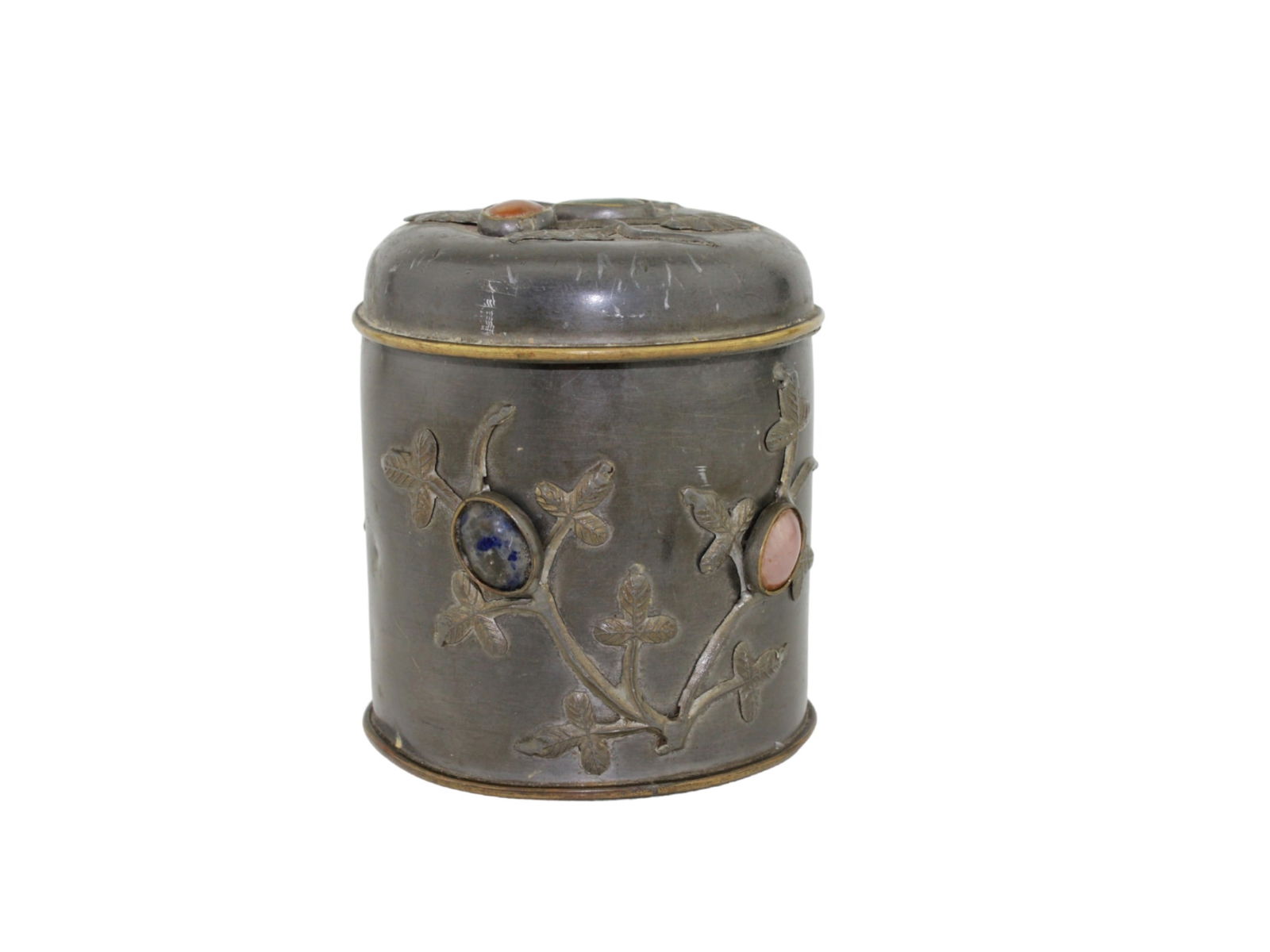 Chinese Pewter Tea Caddy with Stone Inlays (1 of 5)