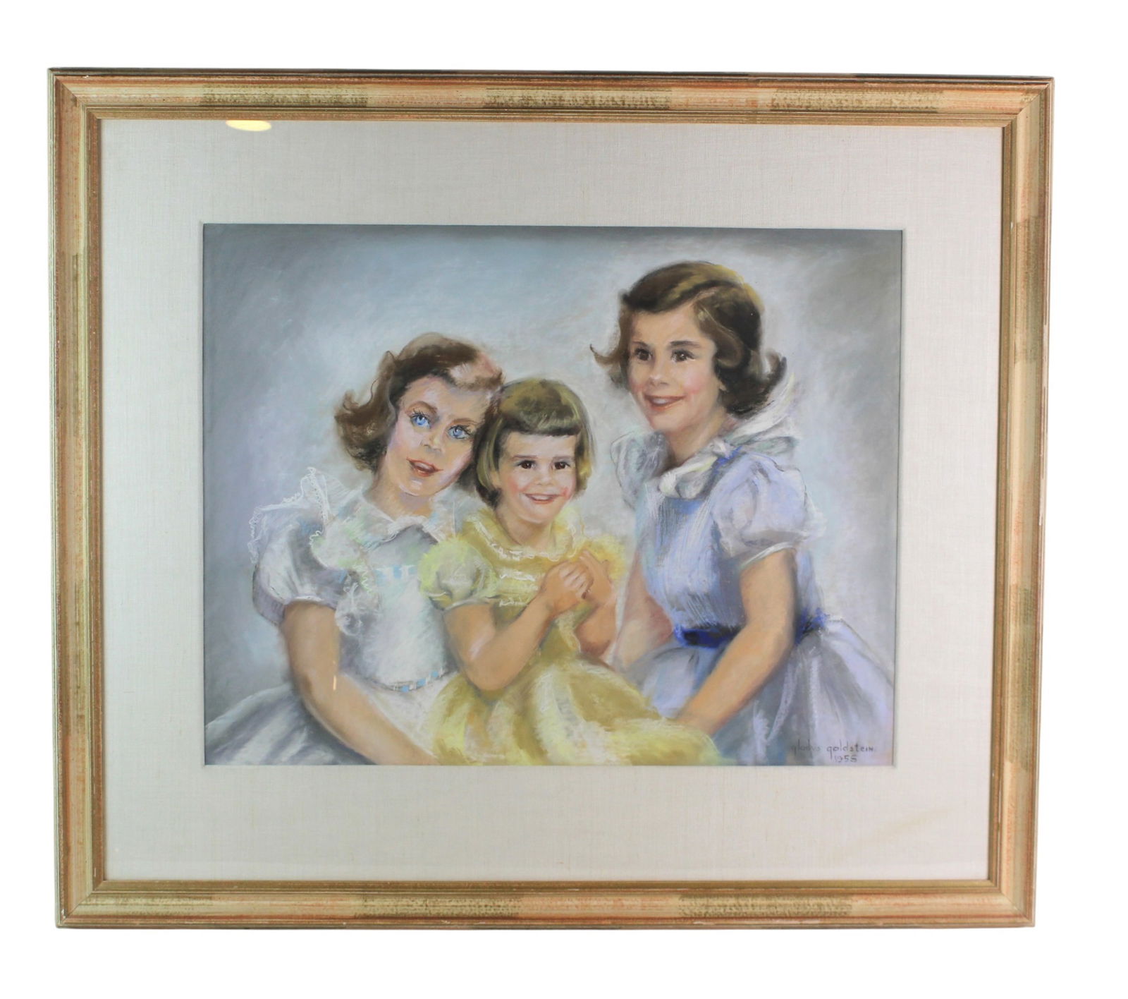 1955 Gladys Goldstein Portrait of Three Girls: Mixed-media portrait of three young girls, signed and dated Gladys Goldstein 1955. Artwork size approx. 21 in. (W) × 27 in. (H); frame size approx. 34 in. (W) × 39 in. (H). Vibrant pastel tones
